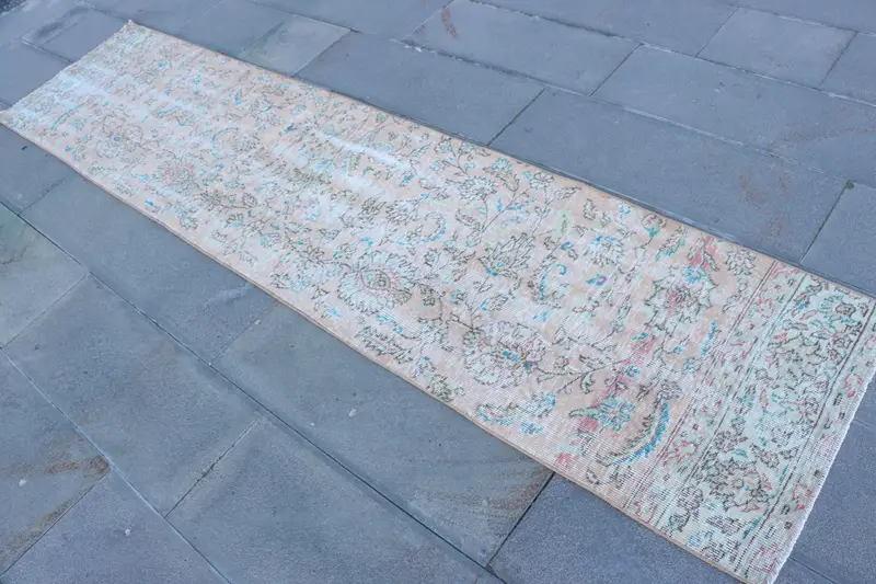 Turkish Rug, 2.2x9.4 ft Runner Rug, Blue Ombré Wool Vintage Rug - 1