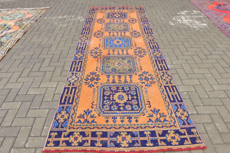 4.2x11.5 ft Halı, Türk Vintage Halısı, Mavi Oushak Yün Halı - 1