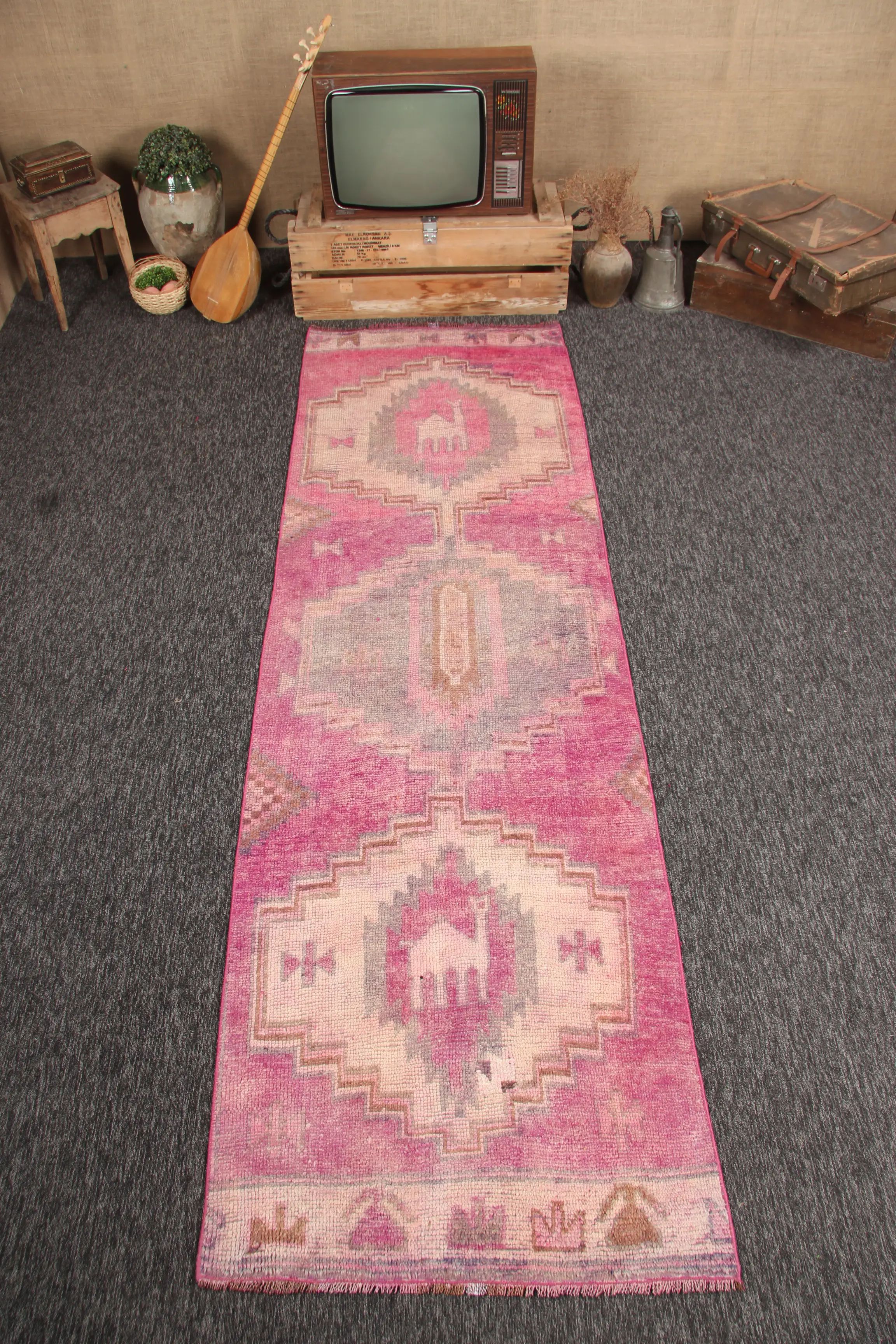 3x10.1 ft Turkish Herki Rug, Pink Geometric Vintage Rug - 1
