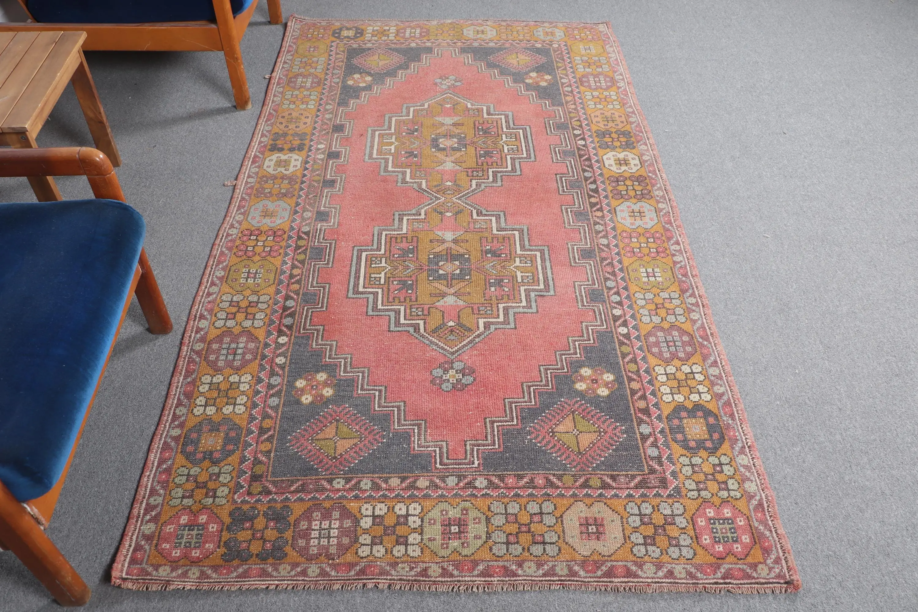 Turkish Rug 4.2x7.4 ft, Red Brown Camouflage Wool Vintage Rug - 1