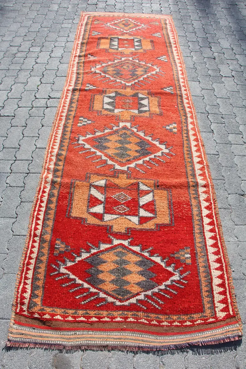 3.4x11 ft Turkish Rug, Runner Vintage Rug, Red Ombré Rug - 1