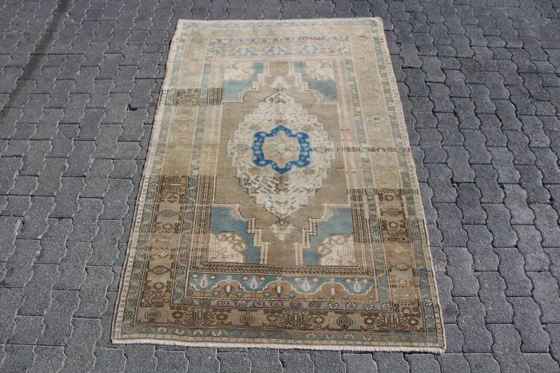 Oushak Vintage Rug, 4x6.1 ft Turkish Rug, Blue Floral Wool Rug - 1