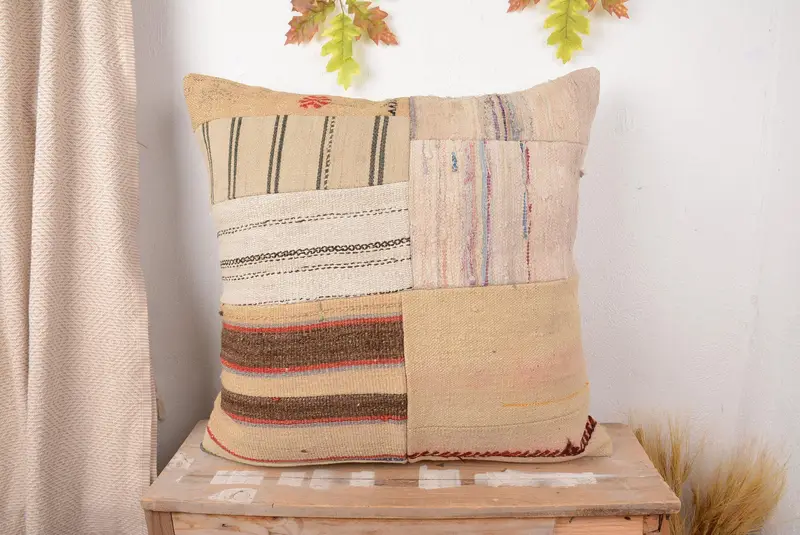 Beige & Brown Patchwork Throw Pillow, 28x28 Embroidered Cushion