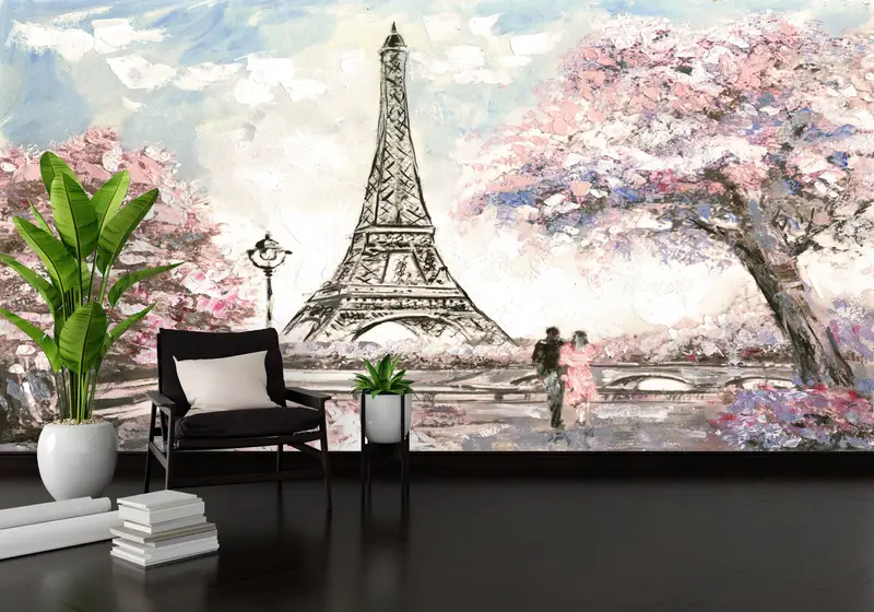 Eiffel Mural, Couple Wall Print, Romantic Couple Mural, France Wall Painting, Landscape Wall Painting, Paris Wall Art, View Wall Paper, - 1