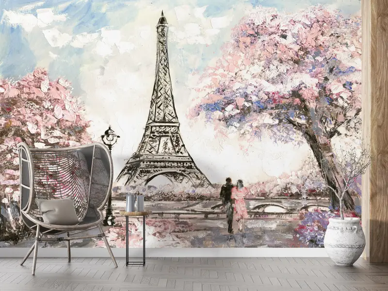 Eiffel Mural, Couple Wall Print, Romantic Couple Mural, France Wall Painting, Landscape Wall Painting, Paris Wall Art, View Wall Paper, - 2