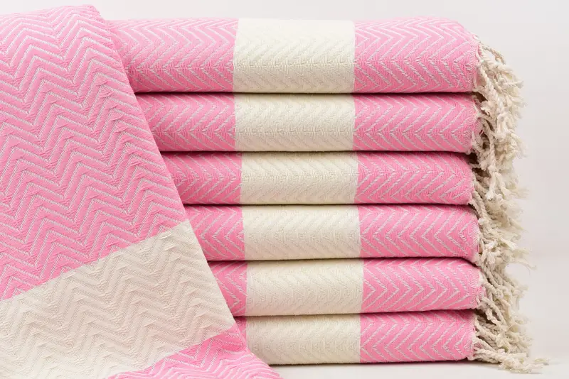 Handmade Pink-White Zig Zag Turkish Cotton Towel, 70x40 Inches