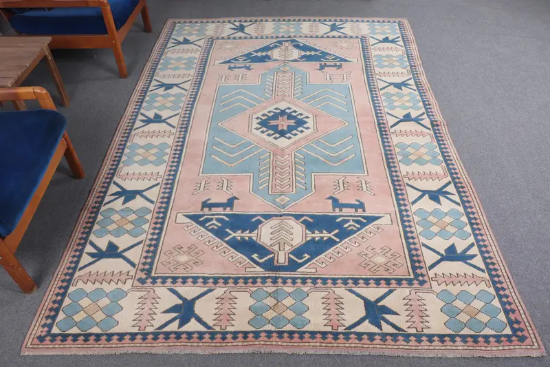 Türk Vintage Halı, 5.8x8.5 ft Büyük Boy Halı, Mavi Oushak Puantiyeli Halı - 1