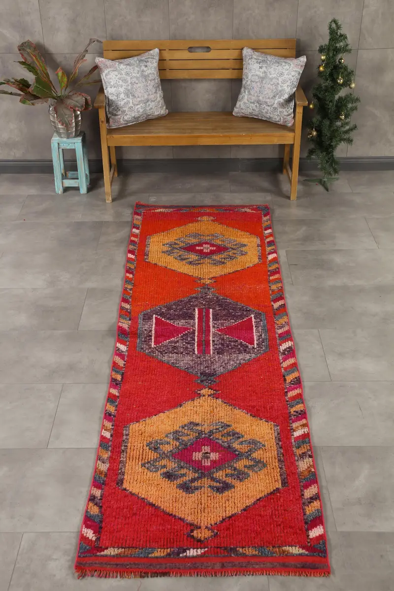 Alfombra turca Herki Runner 2,7x9,1 pies (81x278 cm), alfombra sólida roja vintage - 1