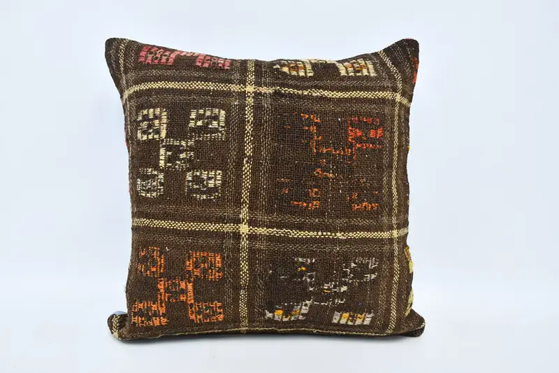 Decorative Bolster Pillow, Gift Pillow, Pillow Sham, Pillow for Sofa, Vintage Kilim Pillow, Ethnic Cushion, 20x20 Brown Cushion - 1