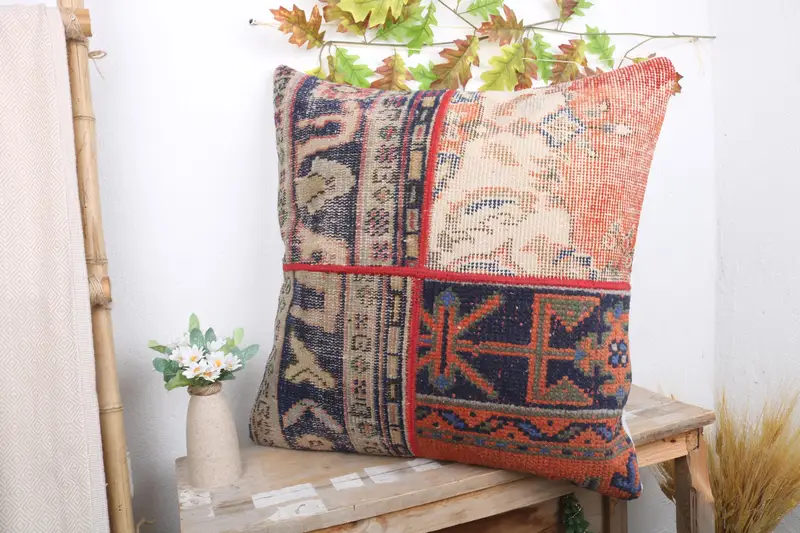 24x24 Blue Pillow Sham, Boho Pillow, Pillow for Sofa, Cushion Cover, Accent Pillow, Hippie Throw Cushion Case, Vintage Kilim Pillow - 4
