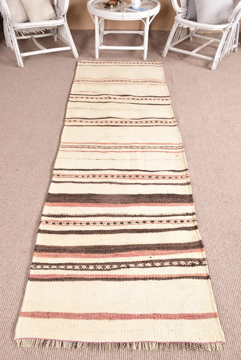 Türk Yolluk Halısı, 2.6x9 ft Vintage Halı, Beyaz Geometrik Yün Halı - 1