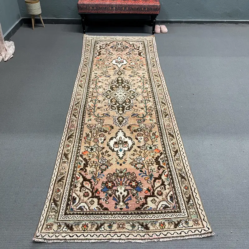 Turkish Rug, 3.5x10.4 ft Runner Vintage Rug, Oushak Brown Blue Floral Rug - 1