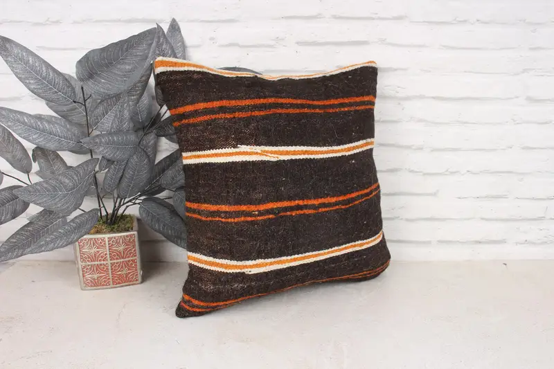 Throw Kilim Pillow, Kilim Pillow Cover, Bolster Pillow, Nomadic Pillow Sham, Antique Pillows, Pillow Sham, 18x18 Brown Cushion - 3