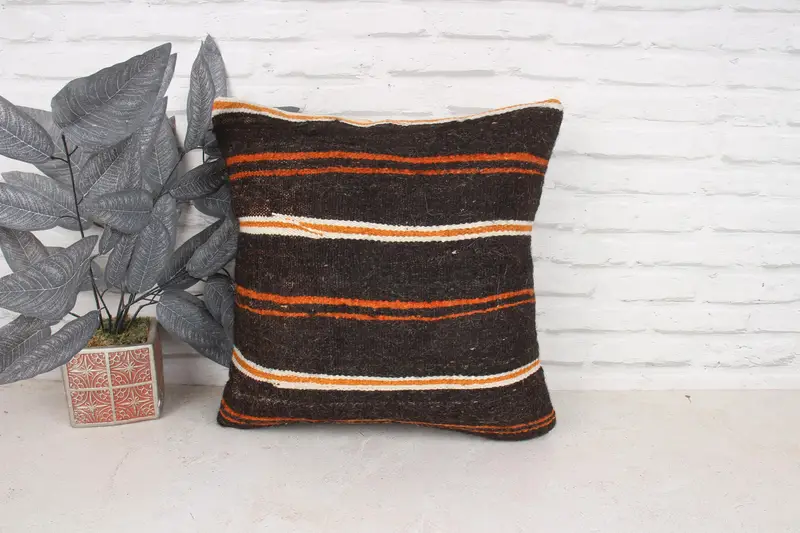 Throw Kilim Pillow, Kilim Pillow Cover, Bolster Pillow, Nomadic Pillow Sham, Antique Pillows, Pillow Sham, 18x18 Brown Cushion - 1