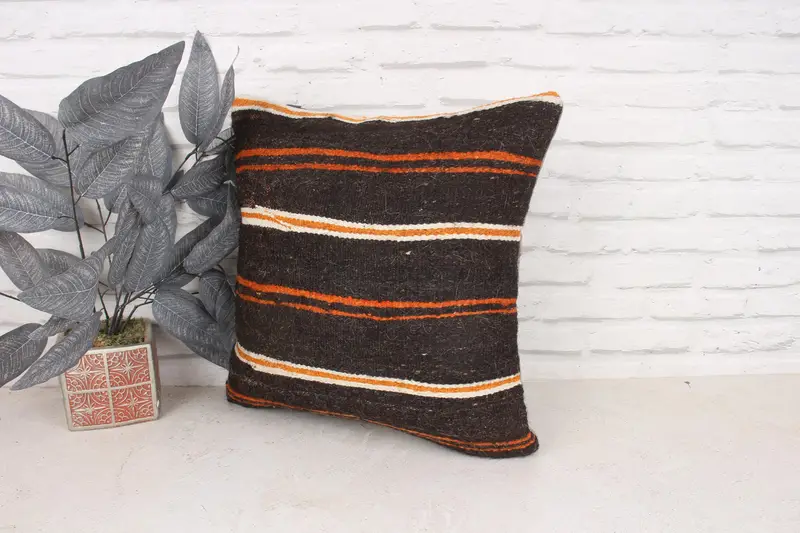 Throw Kilim Pillow, Kilim Pillow Cover, Bolster Pillow, Nomadic Pillow Sham, Antique Pillows, Pillow Sham, 18x18 Brown Cushion - 4