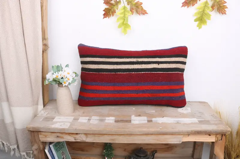 Cushion Case, Kilim Pillow, Home Decor Pillow, Vintage Kilim Throw Pillow, 12x20 Red Pillow Case, Seat Pillow Cover, Accent Throw Cushion Cover - 1