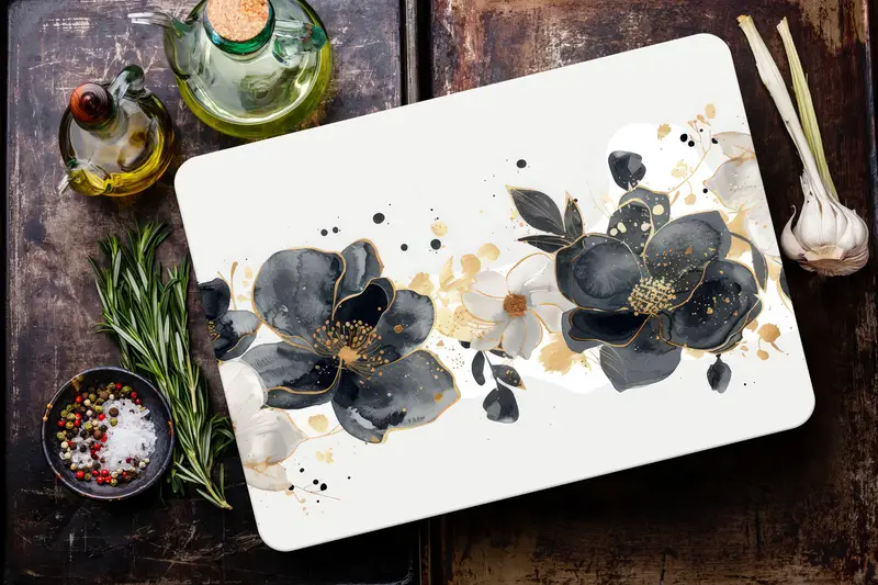 ブラックとゴールドの花柄ガラスカッティングボード、モダンキッチンエッセンシャル