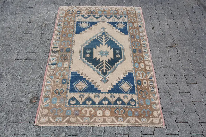 3.9x5.6 ft Vintage Accent Rug, Turkish Blue Solid Rug - 1