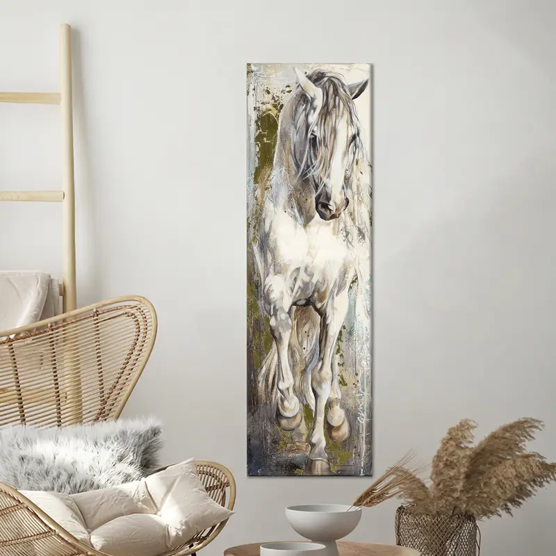 Eleganter Bauernhaus-Leinwanddruck mit weißem Pferd – künstlerisches Dekor