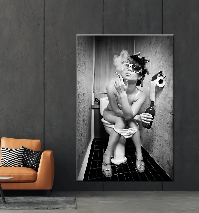 Girl Smoking Toilet, Fashion Toilet Wall Art, Fashion Girl Print, Stylish Wall Art, Girl Drinking Toilet, Fashion Wall Art, Black and White - 4