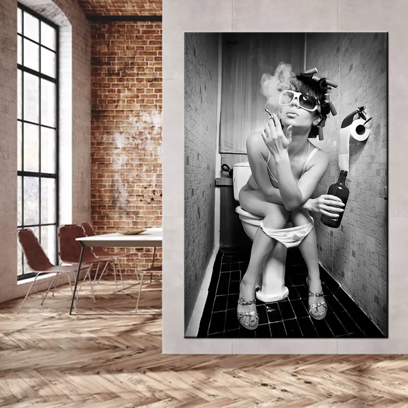 Girl Smoking Toilet, Fashion Toilet Wall Art, Fashion Girl Print, Stylish Wall Art, Girl Drinking Toilet, Fashion Wall Art, Black and White - 3