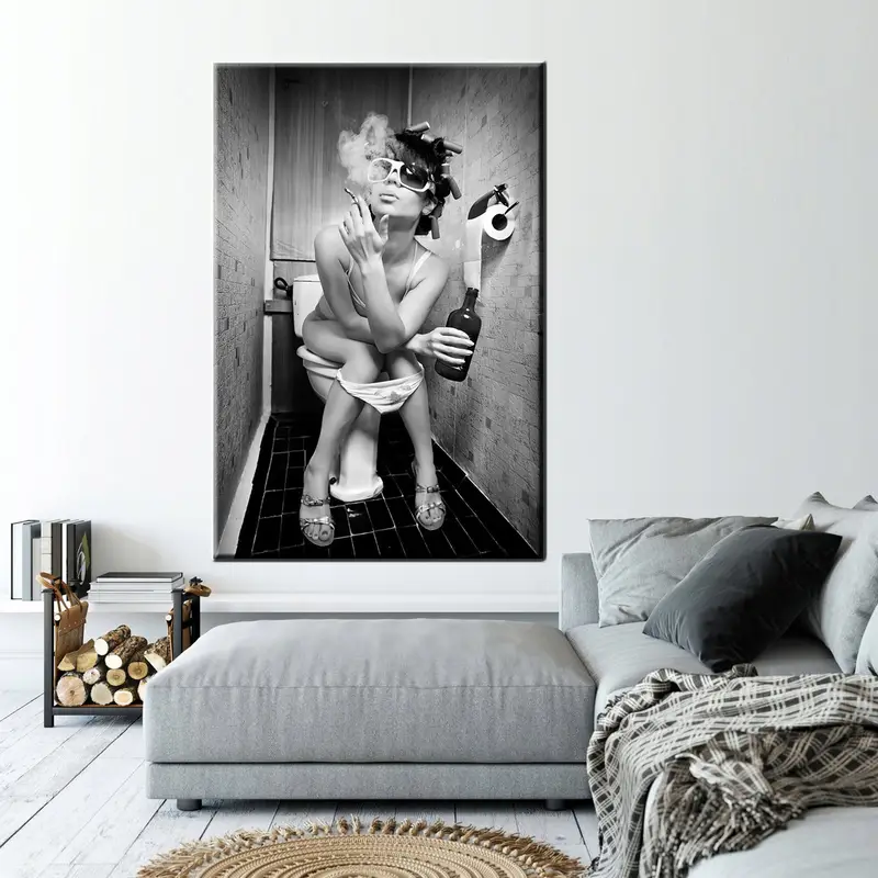 Girl Smoking Toilet, Fashion Toilet Wall Art, Fashion Girl Print, Stylish Wall Art, Girl Drinking Toilet, Fashion Wall Art, Black and White - 5