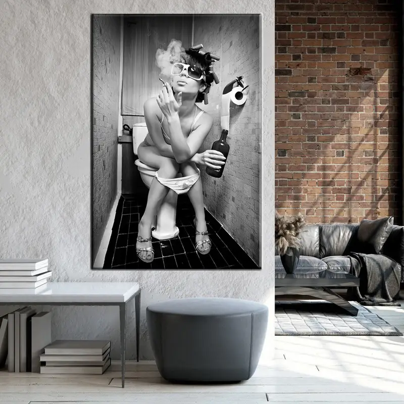 Girl Smoking Toilet, Fashion Toilet Wall Art, Fashion Girl Print, Stylish Wall Art, Girl Drinking Toilet, Fashion Wall Art, Black and White - 2
