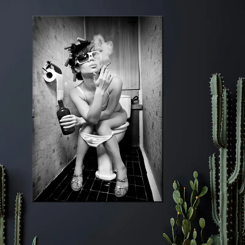 Girl Smoking Toilet, Fashion Toilet Wall Art, Fashion Girl Print, Stylish Wall Art, Girl Drinking Toilet, Fashion Wall Art, Black and White - 9
