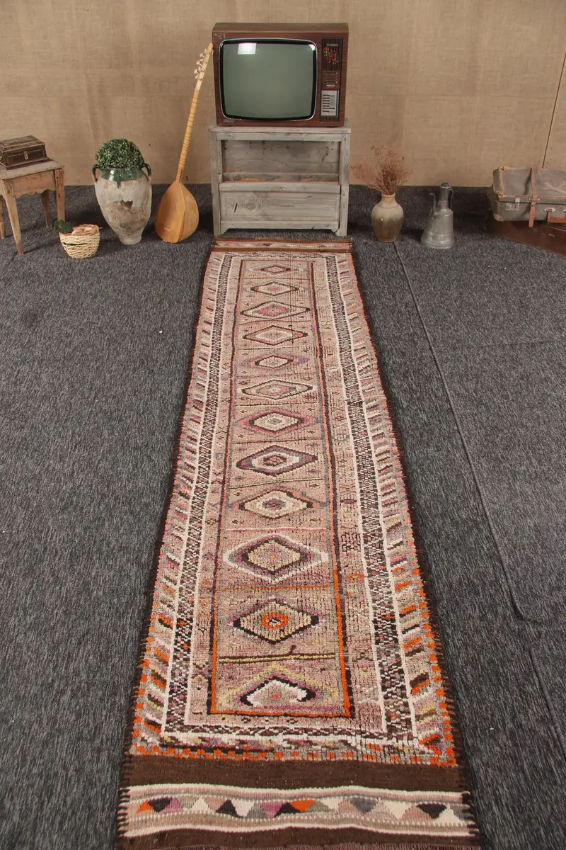 Turkish Rug, Runner 2.8x10.8 ft Vintage Rug, Brown Orange Southwestern Wool Rug - 1