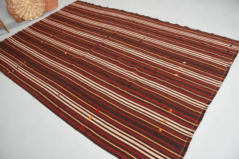 5.8x8.5 ft Türk Büyük Halı, Vintage Kahverengi Düz Halı - 1