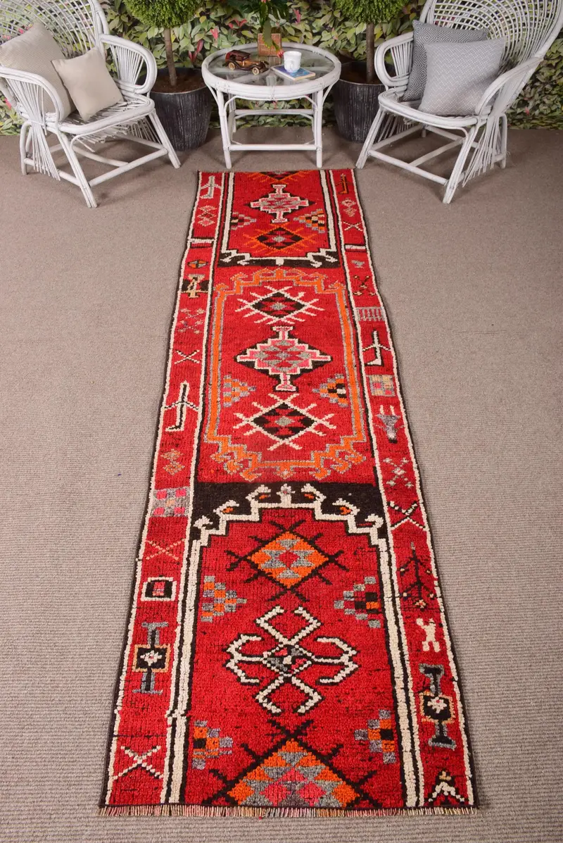 2.6x9.5 ft Runner Vintage Rug, Red Polka dot Turkish Rug - 1