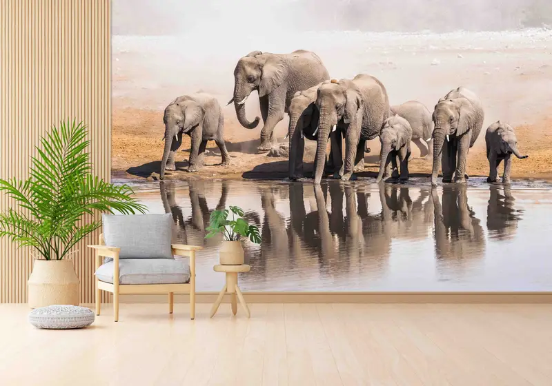 Elegante, bedruckte Tapete mit Elefantenfamilie für Büro und Männerhöhle
