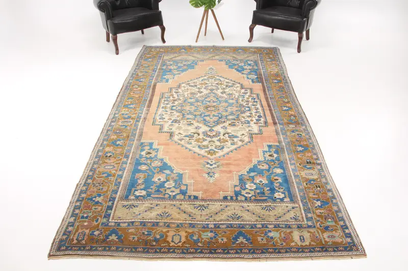 Turkish Large Rug 5.7x10.5 ft, Blue Brown Floral Rug Wool - 1