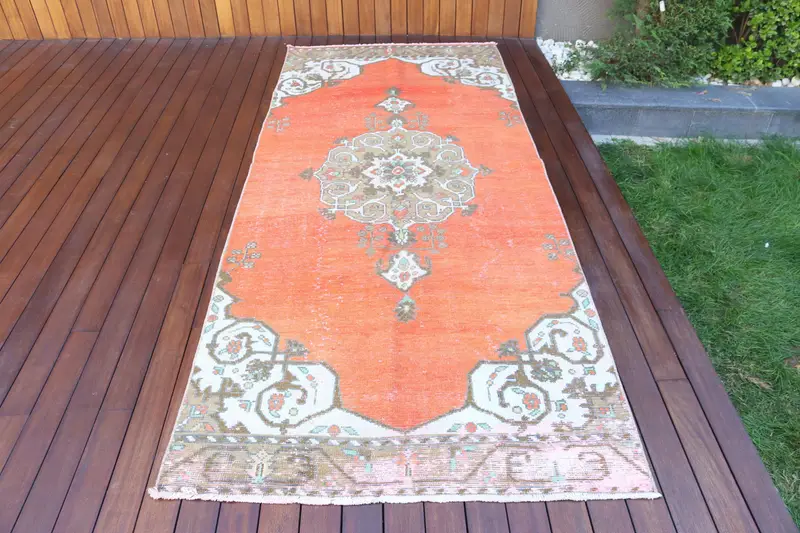 Vintage Halı, Alan 3.8x9.4 ft Halı, Oushak Turuncu Bitkiler ve ağaçlar Halı - 1