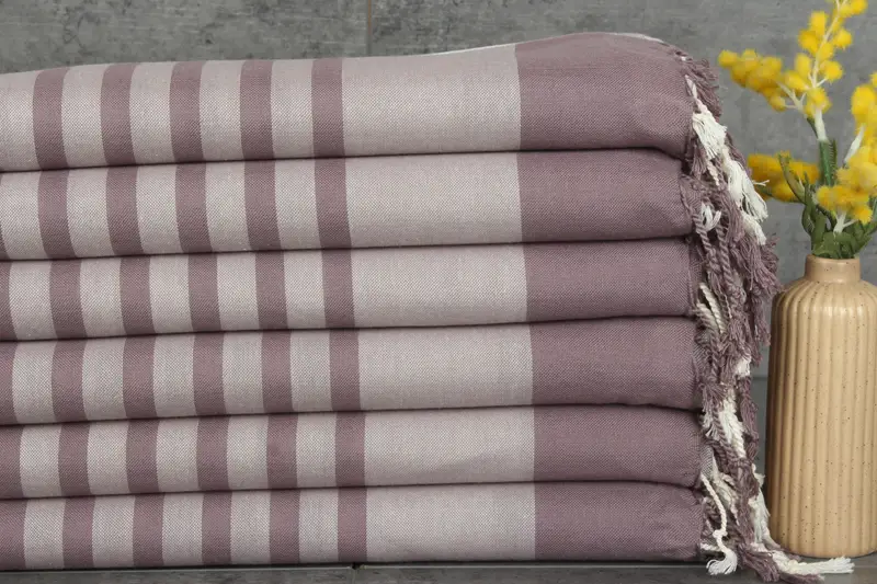 Bath Towel Striped Burgundy and Beige Cotton, 36x67 Inches