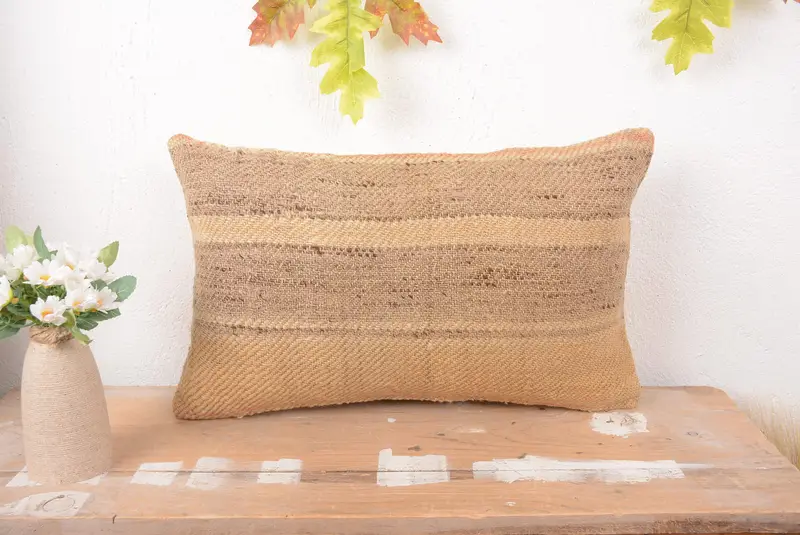Beige & Brown Striped Pillow, Vintage Embroidered Throw Pillow