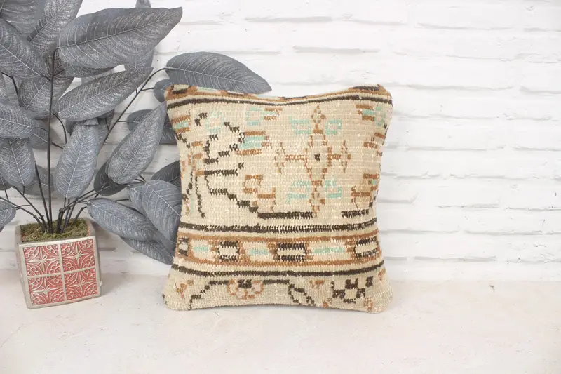 Authentic Pillow Cover, 14x14 Beige Pillow Sham, Pillow Cover, Vintage Pillow, Kilim Pillow, Boho Pillow Sham Cover, Sustainable Pillow Sham - 1