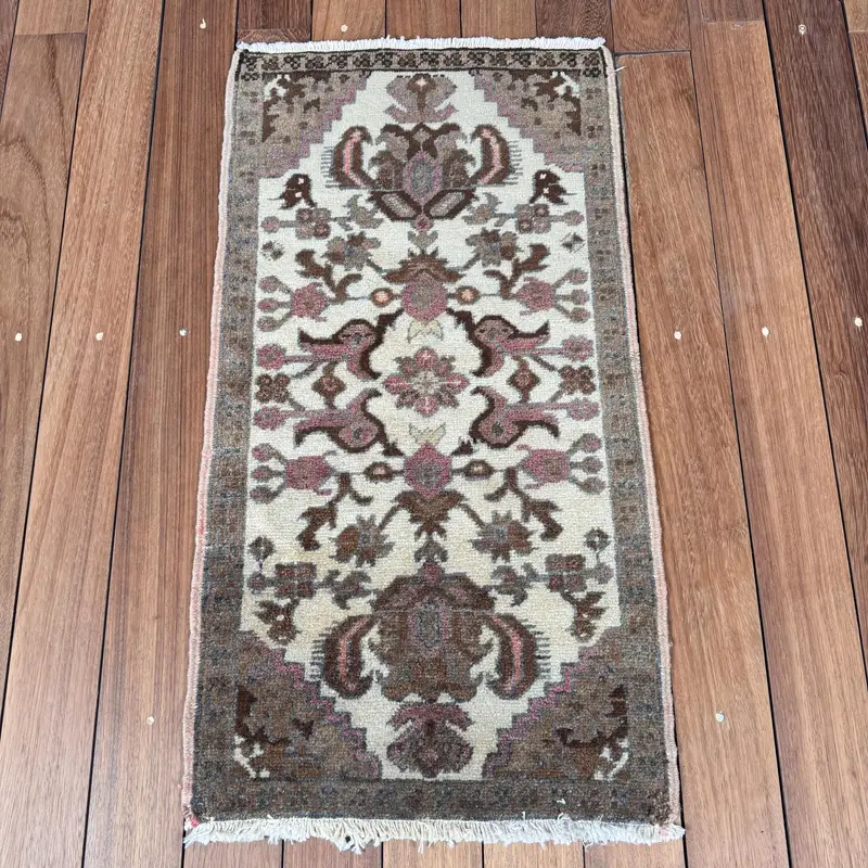 Turkish Vintage Rug, 1.5x2.8 ft Small Rug, Brown Pink Floral Wool Rug - 1