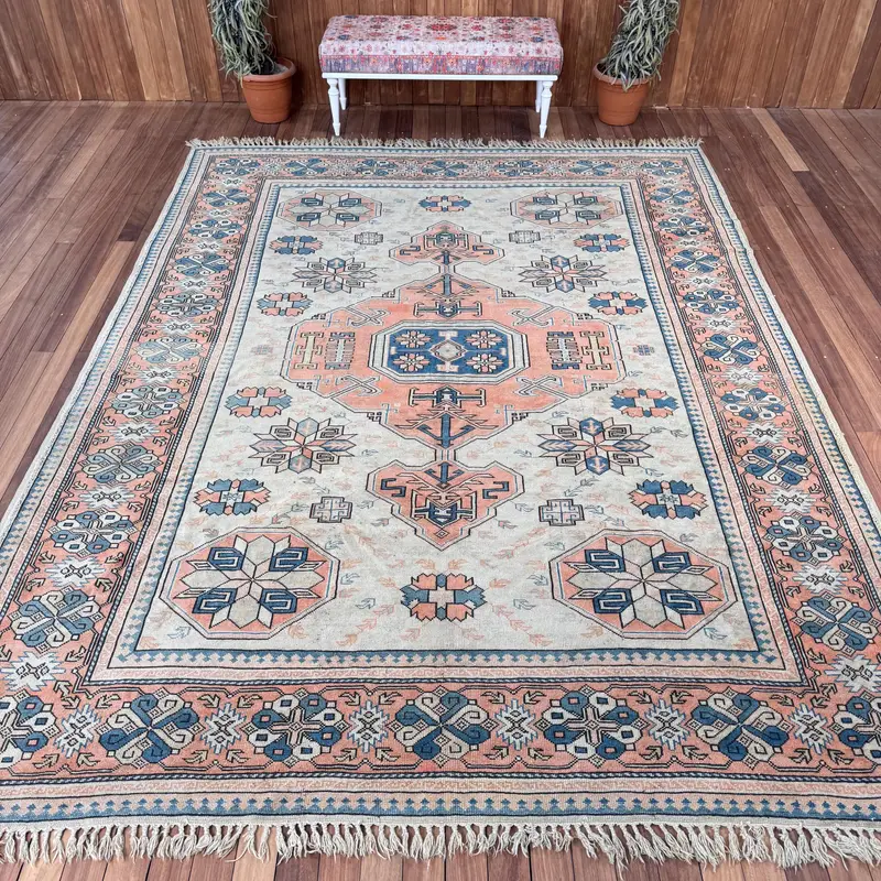 Vintage Turkish Oversize Rug 8.6x11.4 ft, Oushak Blue Wool Rug - 1
