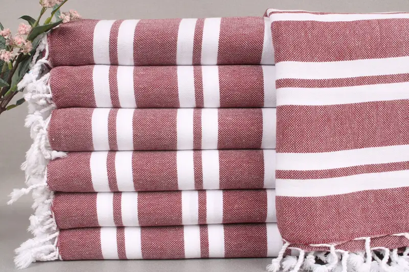 Custom Beach Towel, Monogram Turkish Cotton Burgundy Stripes, 40x71 Inches