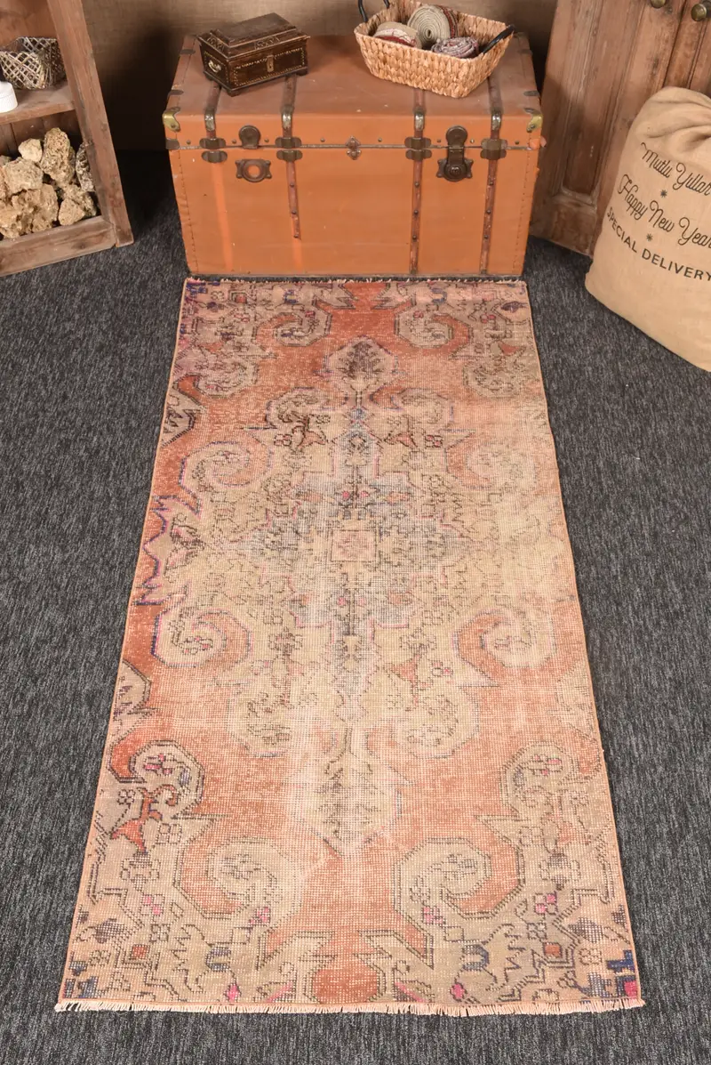 Vintage Halı, 3.3x6.7 ft Küçük Halı, Turuncu Bej Oushak Yün Halı - 1