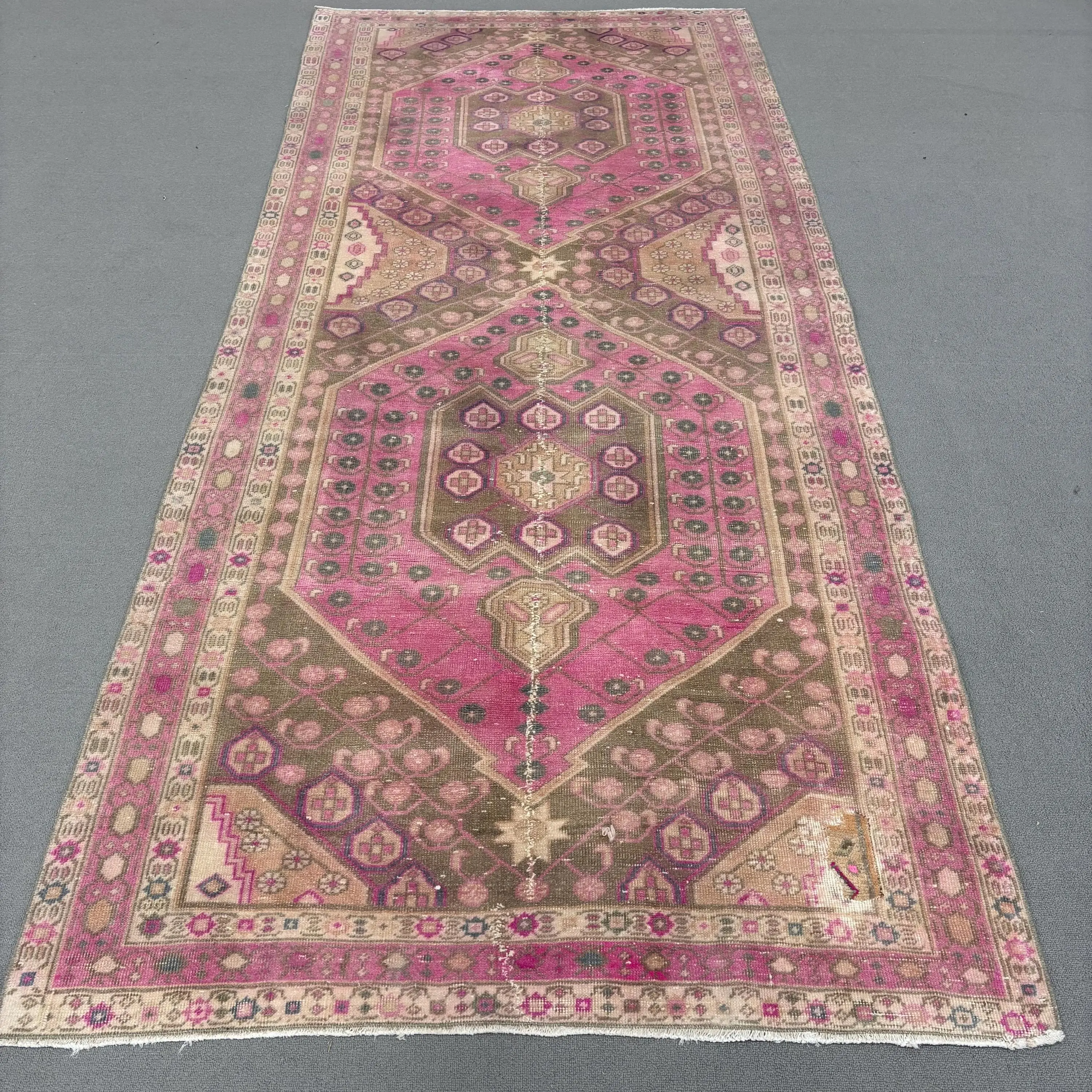 Vintage Türk Halısı 4,2x9,7 ft (129x296 cm), Pembe Yün Halı - 1