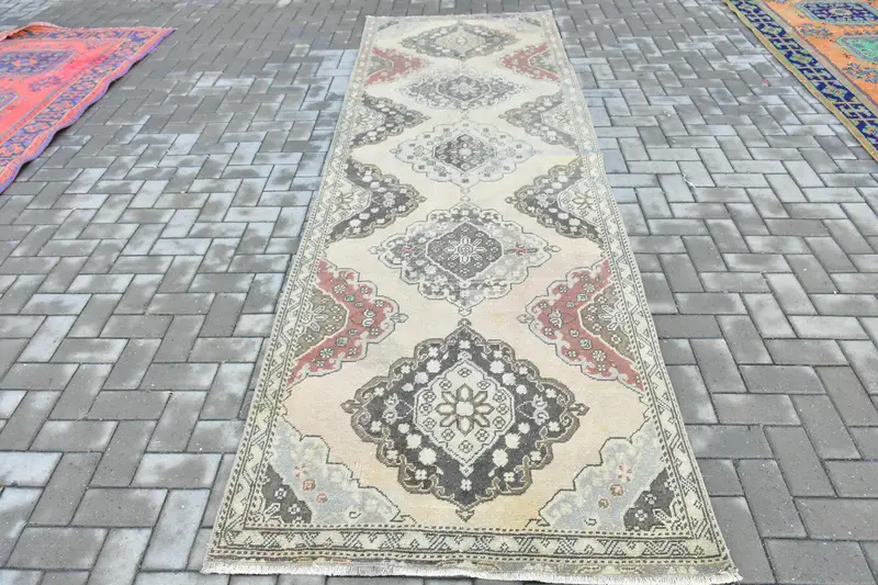 Vintage Halı, Yolluk 3.6x11.9 ft Türk Halısı, Gri Kırmızı Katı Yün Halı - 1