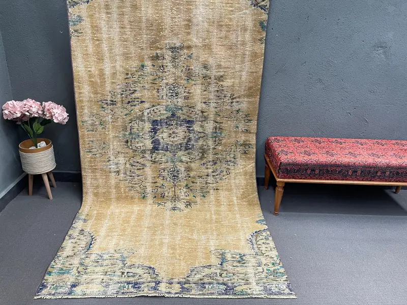 Turkish Vintage Rug, 4.4x9 ft Area Rug, Brown Blue Floral Wool Rug - 1