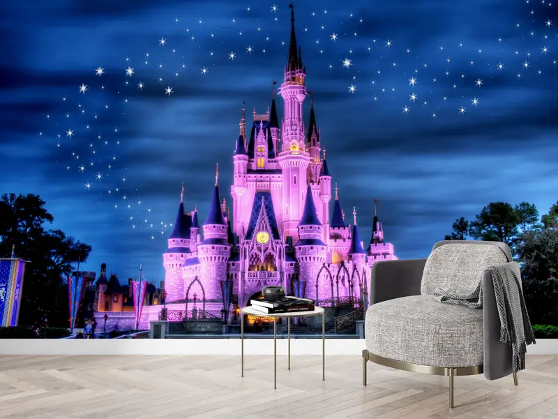 Bezaubernde bedruckte Tapete: Disneyland, Mädchenzimmer, Sternenhimmel, Nachtlandschaft