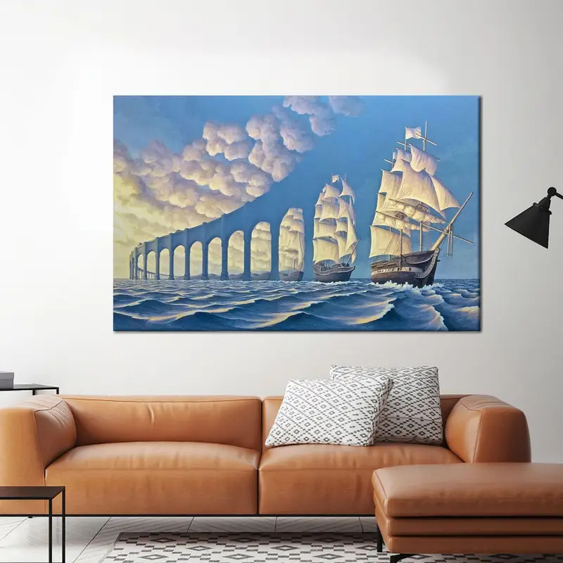Surreal Sea Abstract Blue Canvas: Ship Voyage Art Print