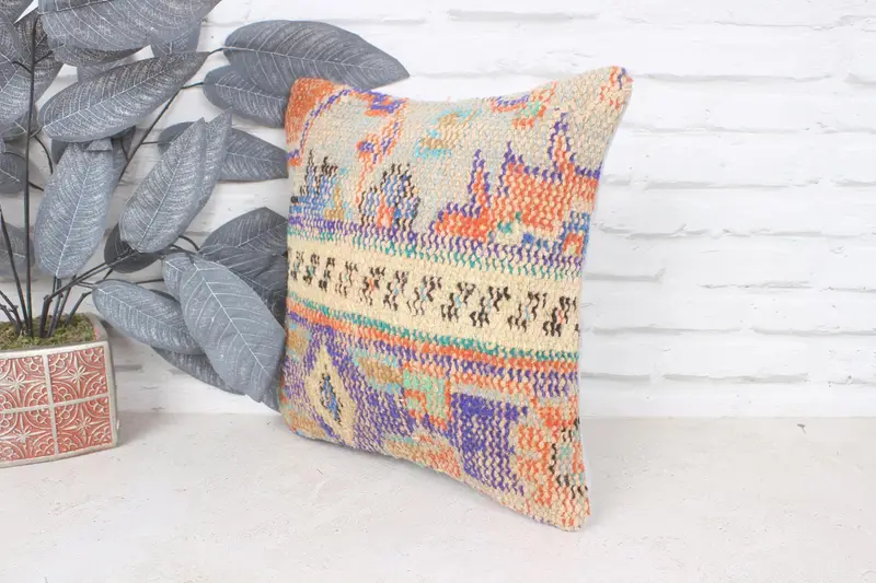 14x14 Orange Pillow Sham, Throw Kilim Pillow, Antique Pillows, Ethnical Kilim Rug Pillow, Pillow Sham, Comfy Throw Pillow Cover - 4