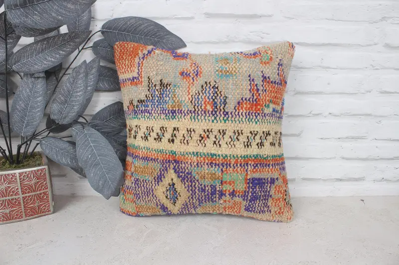 14x14 Orange Pillow Sham, Throw Kilim Pillow, Antique Pillows, Ethnical Kilim Rug Pillow, Pillow Sham, Comfy Throw Pillow Cover - 1