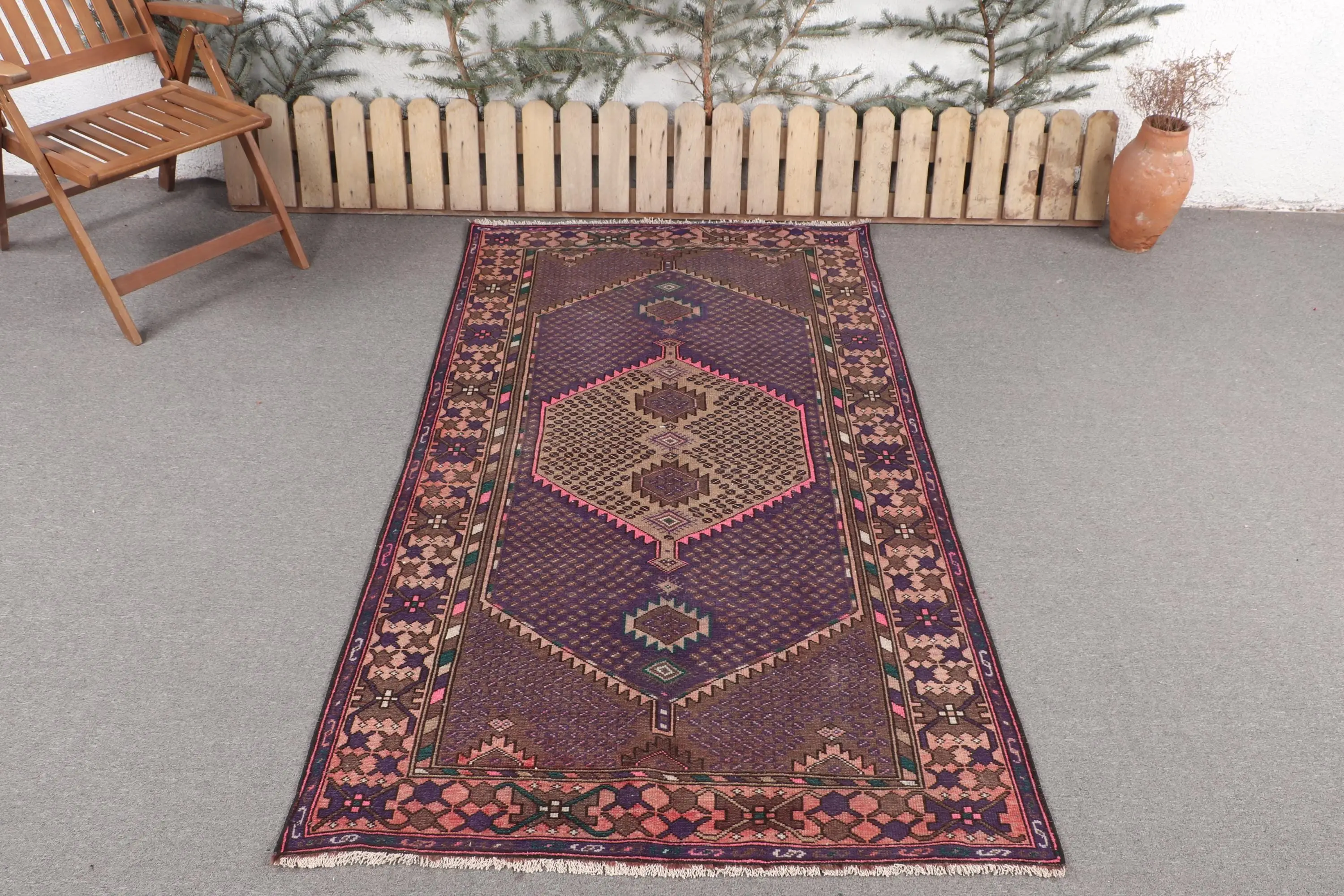 3.9x6.8 ft Rug, Vintage Rug, Turkish Purple Wool Floral Rug - 1