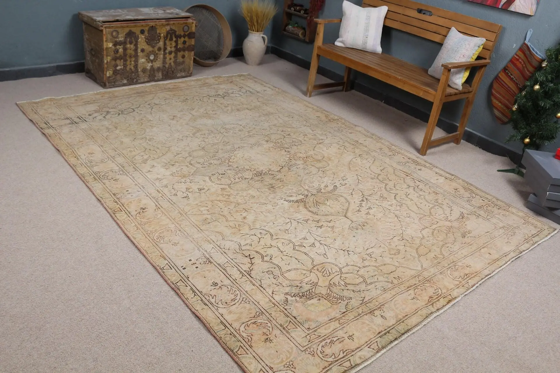 6.6x9.5 ft Türk Halısı, Kilim, Kahverengi Patchwork Halı Yün - 1